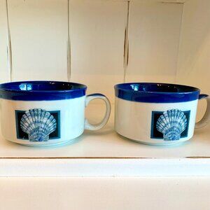 Vintage Otagiri Coastal Blue and White Scallop Seashell Soup/Chili Mugs Set of 2